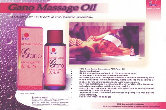 The Gano Massage Oil is a product of DXN International - the world class Ganoderma manufacturer..